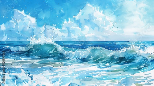 Watercolor splashes of blue and turquoise, representing a refreshing summer ocean scene © patinyats