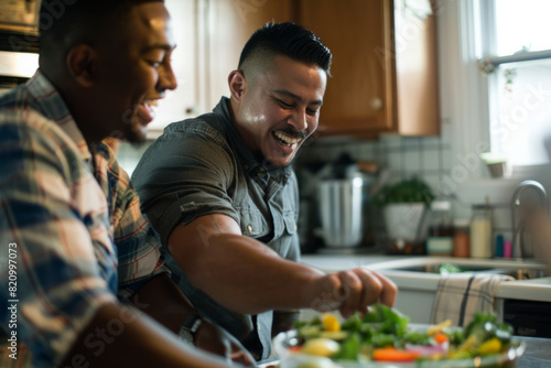 Two guys, one African American and the other Hispanic, are having fun while making salad together in the kitchen. The scene portrays a concept of gay couples and everyday life at home, as they bond
