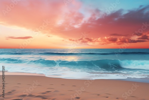 Breathtaking beach sunset with colorful sky and ocean waves crashing onto sandy shore  creating a serene and picturesque coastal scene.