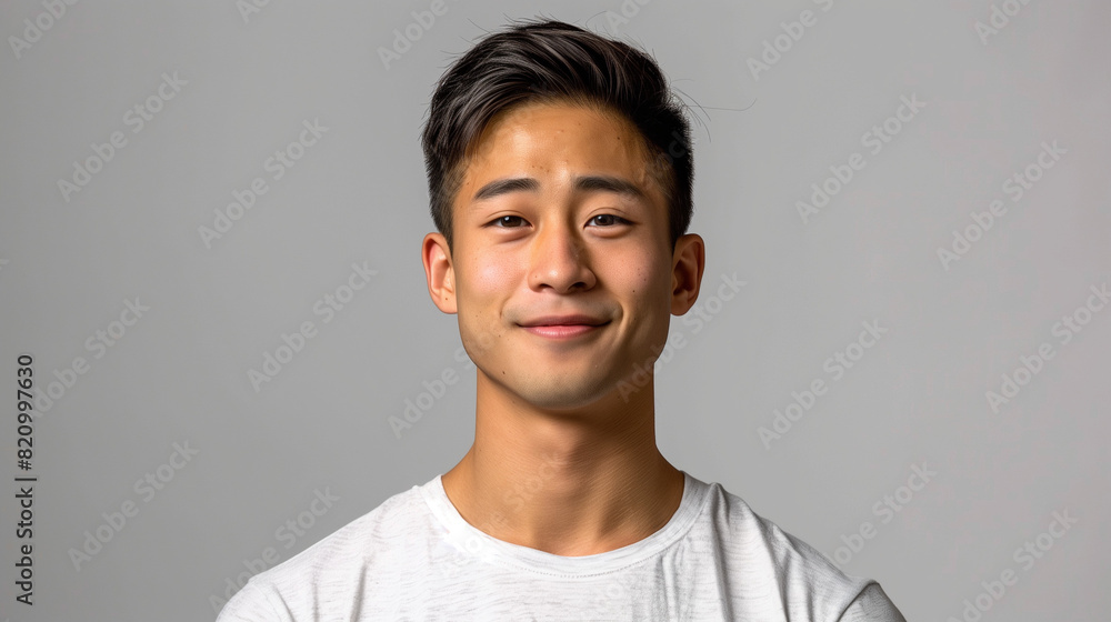 portrait of a young asian man from the shoulders up in a studio with bright even light and a simple gray background portrait of a young asian man from the shoulders up in a studio with bright even light and a simple gray background