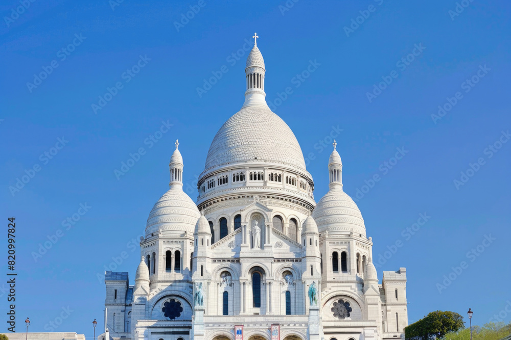 The white domes of Sacre-Coeur Basilica stand out against a clear blue sky on Montmartre