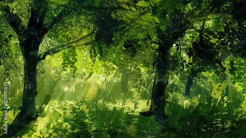A beautiful painting depicting the sun shining through the trees in a park, illuminating the grass and creating a stunning natural landscape AIG50