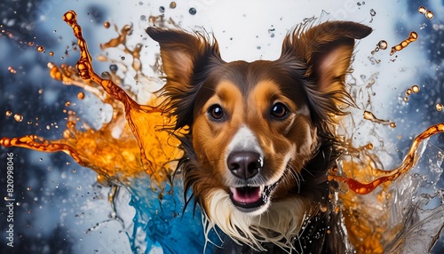 watercolor portrait of a dog with splashes on a white background photo