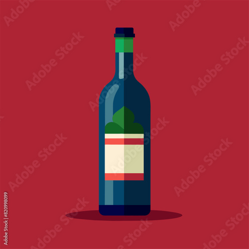 A bottle of wine with green cap and white label on red background
