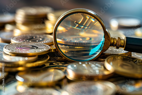 Close-up view of magnifying glass on coins photo