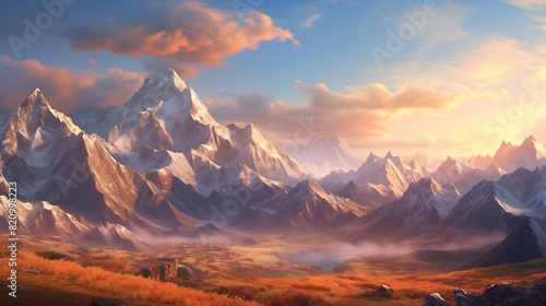A majestic mountain range bathed in golden sunlight  with rugged peaks stretching into the distance under a clear blue sky.