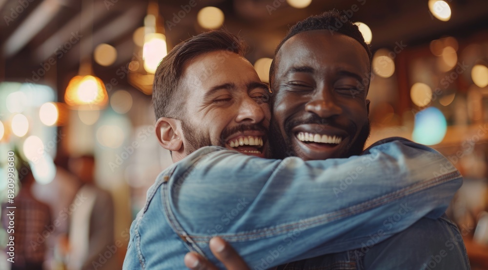 Happy black man hugging his white friend at a coffee shop Happy black man hugging his white friend at a coffee shop