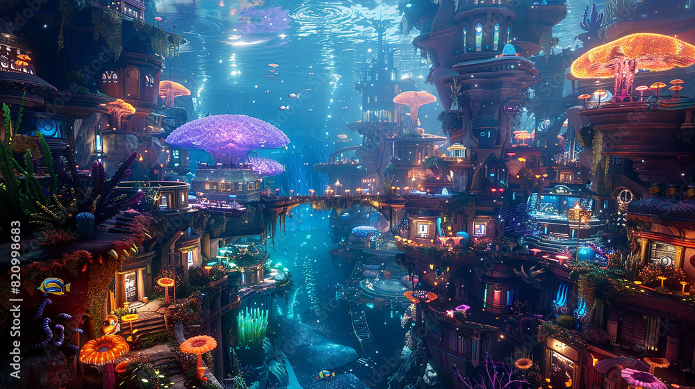 Obraz premium Bustling Underwater Metropolis: Anthropomorphic Sea Creatures Amid Coral Reefs and Bioluminescent Plants