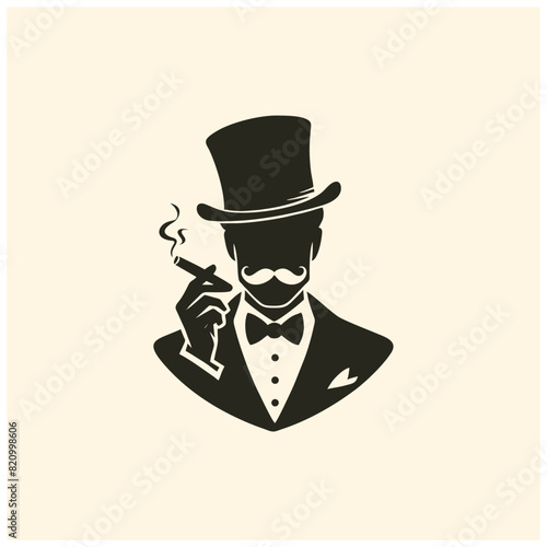 illustration silhouette of man wear top hat mustache and smoking cigar
