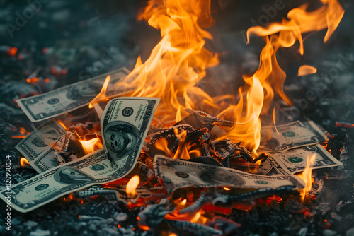 U.S. Dollar bills engulfed in flames, representing financial loss or economic issues