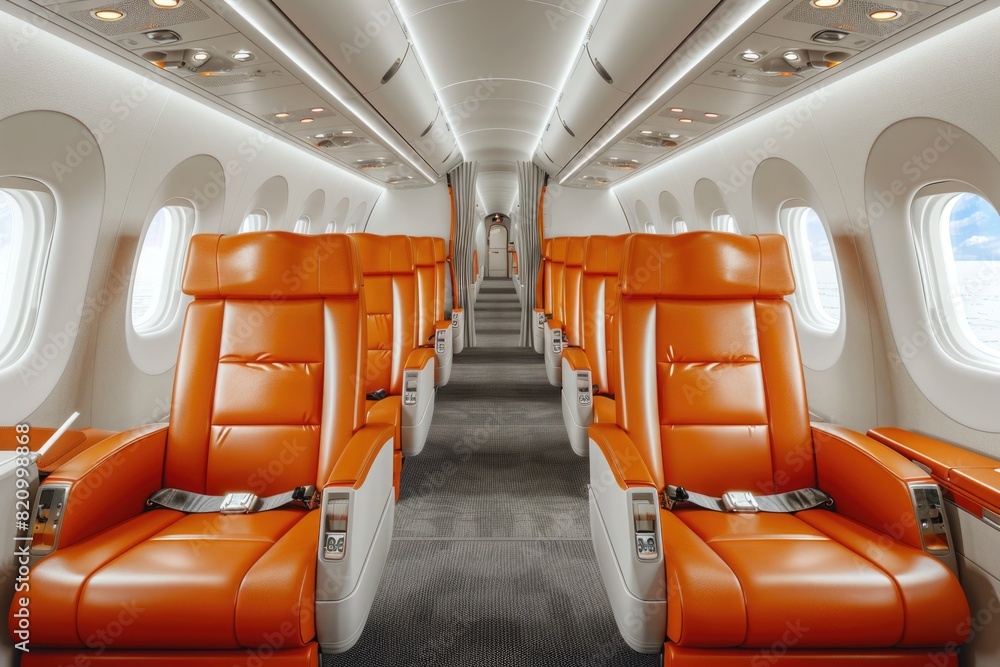 Obraz premium high end premium airplane interior with orange leather seats and white walls