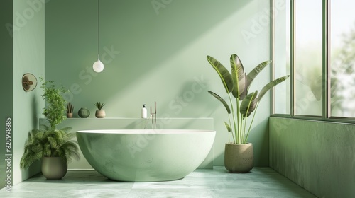 Elegant modern bathroom with soft green tones  freestanding bathtub  large windows  and potted plants  close-up on isolated background  studio lighting for advertising