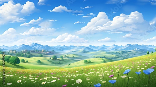 A peaceful countryside scene with rolling hills blanketed in colorful wildflowers  under a vast expanse of clear blue sky.
