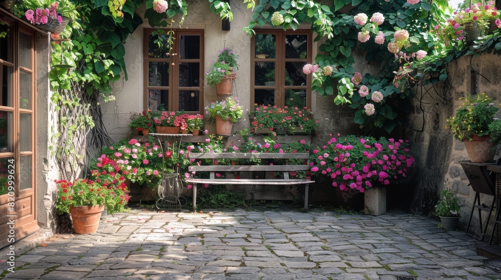 A stone patio with a bench and potted plants A stone patio with a bench and potted plants