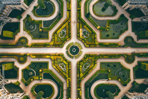 Aerial view of the meticulously designed gardens at the Palace of Versailles