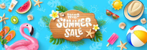Hello Summer Sale with Wooden Sign and Tropical Beach Elements,Vector of Summer Sale Banner or Poster template with Hat,Sunglasses, Watermelon, Ice Cream, Beach and Tropical Elements.