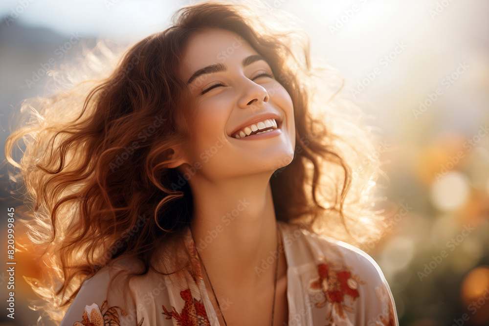 A woman enjoys a beautiful moment in life. Background with selective focus and copy space A woman enjoys a beautiful moment in life. Background with selective focus and copy space