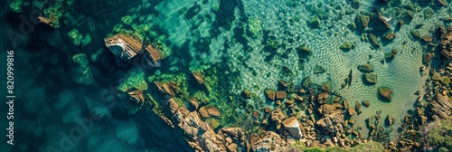 Sunken stone structures visible through clear blue waters in an aerial shot.