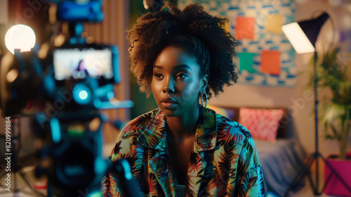 A woman is sitting in front of a camera. She is looking at the camera with a serious expression. The room is dimly lit. Young black female youtube creator filming a video in her own studio photo