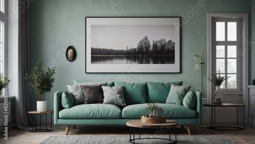 Chic Scandinavian living room with mint sofa, mock-up poster, and elegant decor © xKas