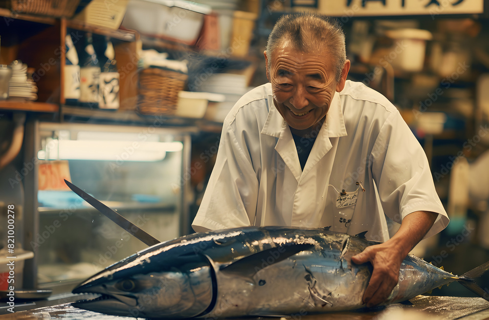 Sushi Smiles: The Joyful Japanese Chef and His Tuna, sashimi restaurant fillet meat Sushi Smiles: The Joyful Japanese Chef and His Tuna, sashimi restaurant fillet meat