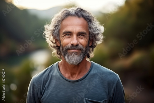 Portrait of handsome mature man with grey hair smiling at camera in park