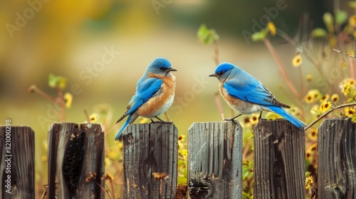 Two blue birds sitting on top of a wooden fence photo