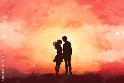 Romantic couple silhouette at sunset with vibrant, dreamy sky and love theme. Perfect for Valentine concepts and romantic designs.