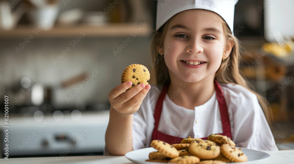 A young girl dressed in a chef's hat and apron holds a single, perfectly shaped cookie next to a plate overflowing with misshapen cookies This image represents the importance of le A young girl dressed in a chef's hat and apron holds a single, perfectly shaped cookie next to a plate overflowing with misshapen cookies This image represents the importance of le