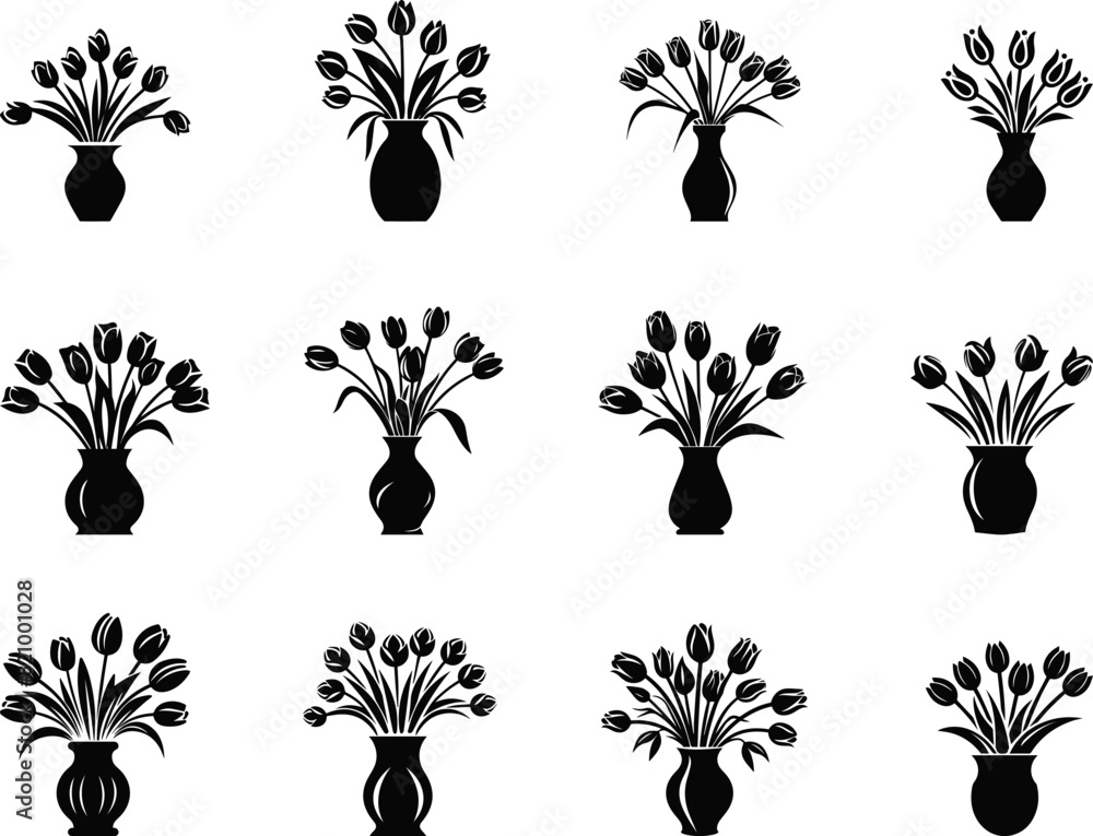 set of tulips in vase silhouette vector illustration set of tulips in vase silhouette vector illustration