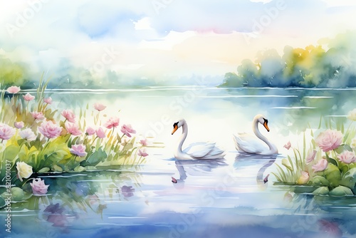 Fototapeta Naklejka Na Ścianę i Meble -  Serene watercolor painting of two swans on a tranquil lake surrounded by blooming flowers and soft, pastel colors.