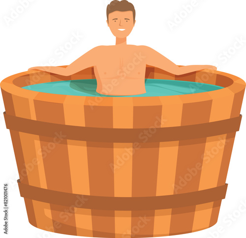 Illustration of a content man enjoying a soak in a rustic wooden barrel hot tub