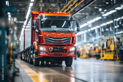 Modern red truck in warehouse. Industrial background. Automotive industry.