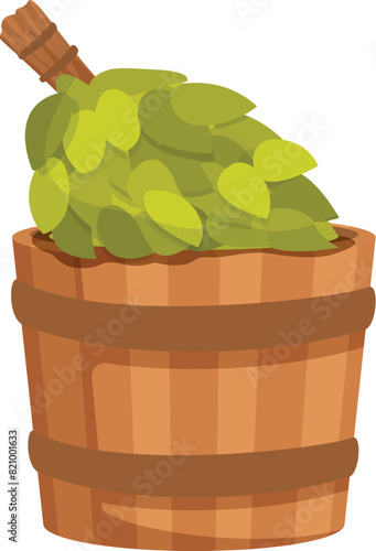 Illustration of a wooden sauna bucket filled with fresh green leaves, symbolizing wellness and relaxation