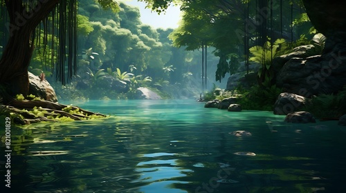 A secluded lagoon hidden within a tropical rainforest  with emerald green waters and lush vegetation lining its shores.