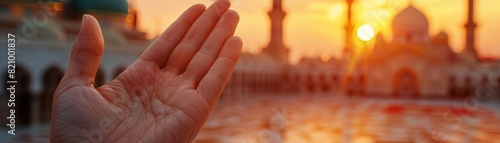 a person's hand making a dua prayer, with a blurred background of a mosque during sunrise Focus on the heartfelt devotion during Eid , for EidAlAdha , for Eid , for Dua , for Prayer , for Devotion photo