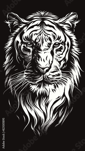 A tiger s face is shown in black and white. The tiger has a long mane and a large  fierce looking nose. Concept of strength and power  as well as a wild and untamed nature