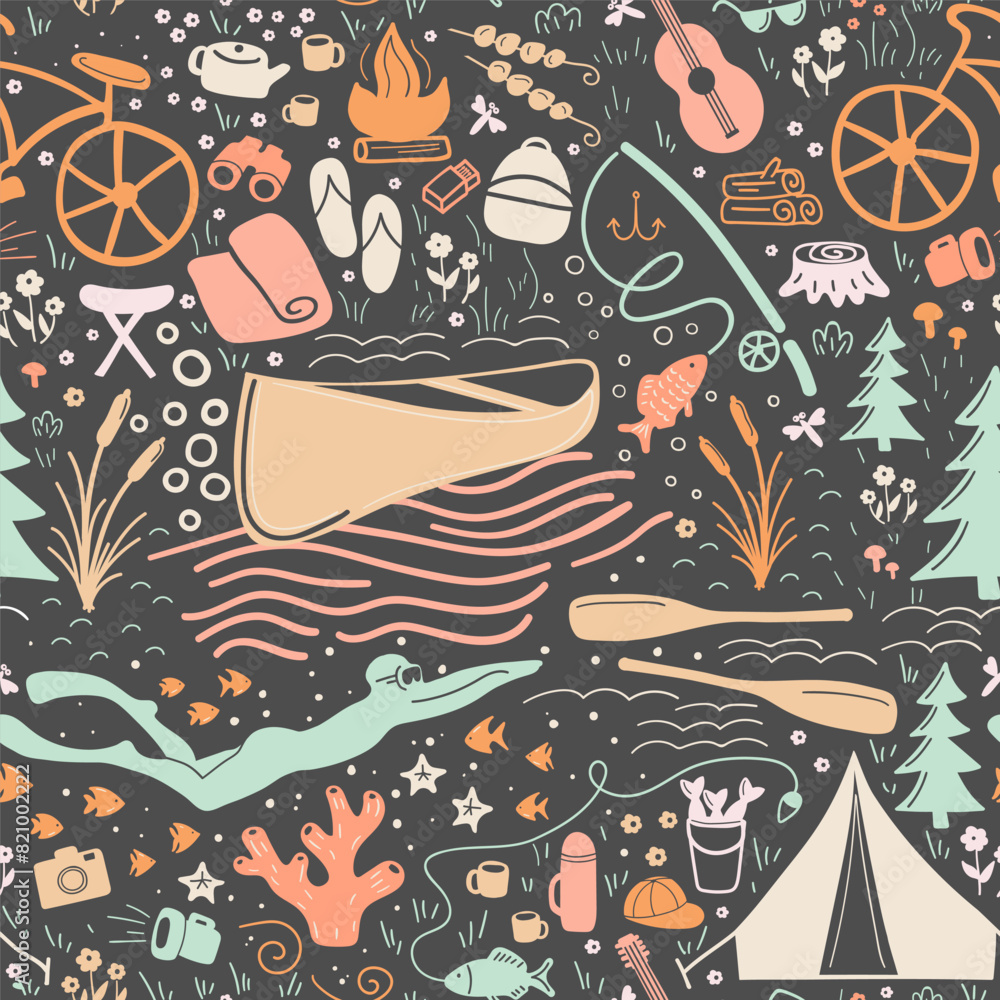 Rich artistic seamless pattern in vector format featuring summer active lifestyle attributes. Drawn in vivid modern color palette it immerses into awaited atmosphere of warmth, leisure and freedom.