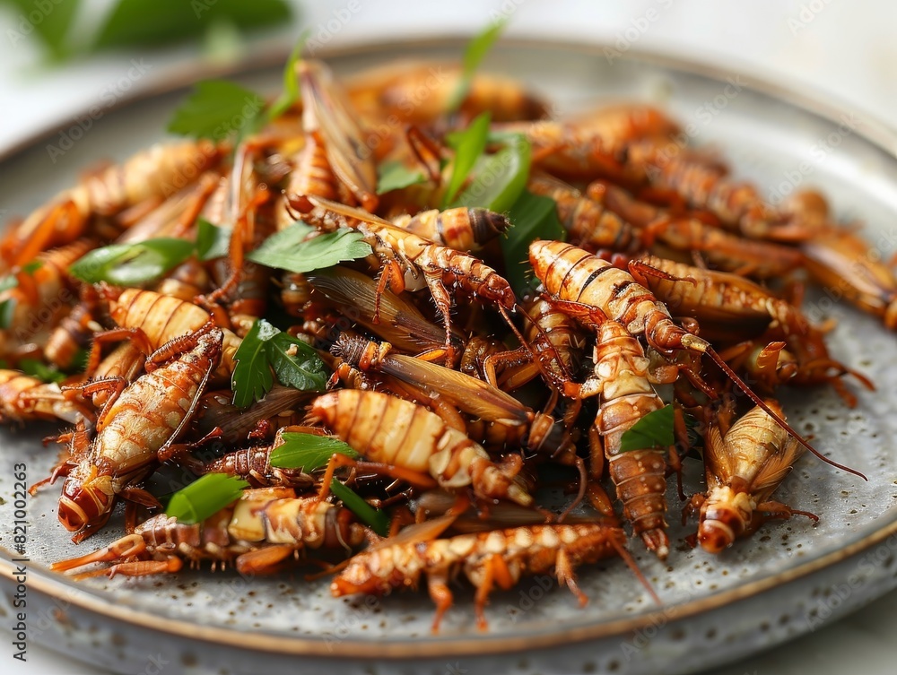 a plate of insects, such as crickets or mealworms, prepared in a flavorful dish Focus on the intriguing texture and the potential for a sustainable food source a plate of insects, such as crickets or mealworms, prepared in a flavorful dish Focus on the intriguing texture and the potential for a sustainable food source