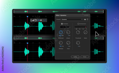 Noise Reduction Features in Audio program. Effect dynamics panels. Vector illustration