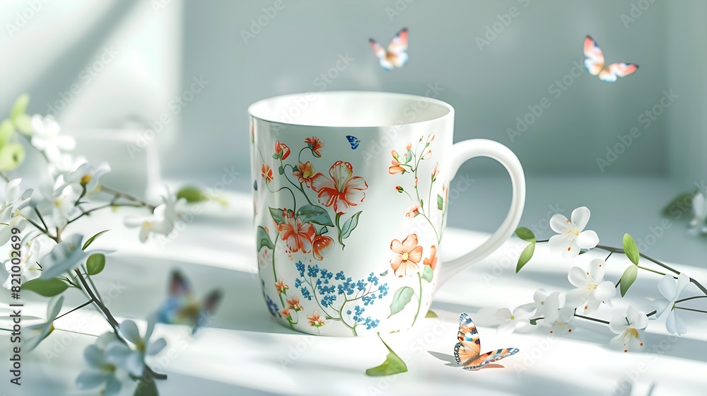 Fototapeta premium cute floral mug with blossoms and butterflies on table