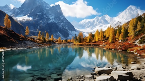 A serene mountain lake nestled among towering peaks  with reflections of snow-capped mountains and vibrant autumn foliage mirrored in its crystal-clear waters.