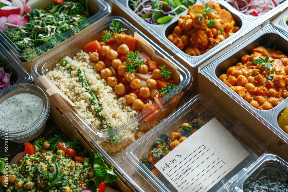 A beautifully arranged plant-based meal delivery box opened to reveal an assortment of colorful, fresh dishes such as quinoa salad, roasted vegetables, and chickpea curry, with each meal neatly packag