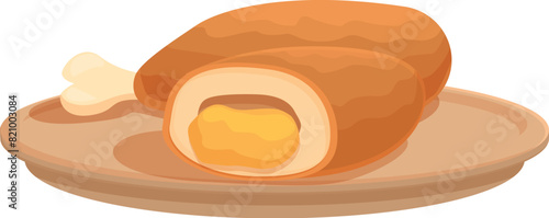 Illustration of a halved scotch egg with a runny yolk, presented on a simple plate