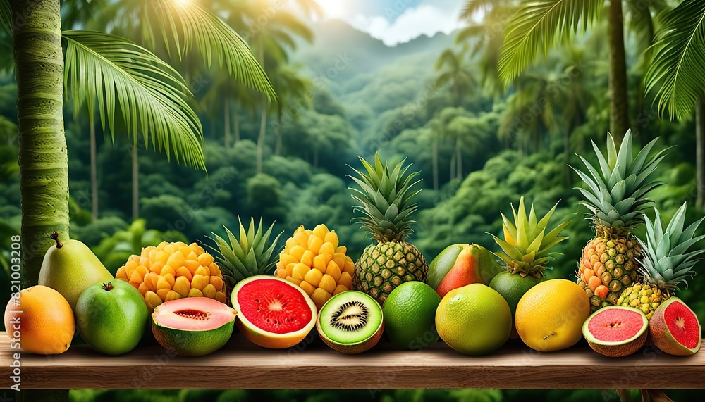 Various tropical fruits with green forest background Various tropical fruits with green forest background