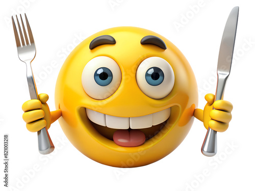 Ready to Feast: 3D Hungry Yellow Emoticon with Knife and Fork.