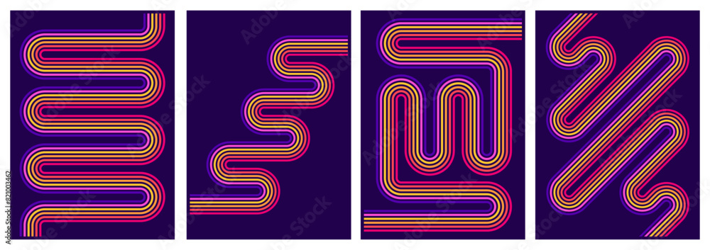 retrofuturism poster design in trend retro line style and neon colors on black dark background. modern art wall poster retro vintage 70s style stripes background template lines shapes vector design retrofuturism poster design in trend retro line style and neon colors on black dark background. modern art wall poster retro vintage 70s style stripes background template lines shapes vector design