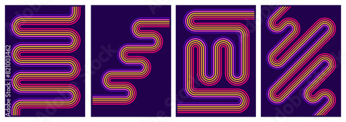 retrofuturism poster design in trend retro line style and neon colors on black dark background. modern art wall poster retro vintage 70s style stripes background template lines shapes vector design
