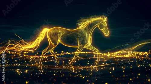 A Neon Yellow glow Graceful Horse silhouette in a nightscape  bold outline  energycharged luminous pointillism  wireframe  tenebrism mastery style  UHD 8k  Unreal Engine 5