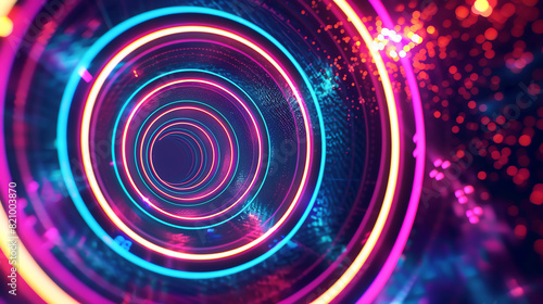 Concentric neon circles expanding horizontally, cyberpunk, electric colors, high contrast, sharp focus